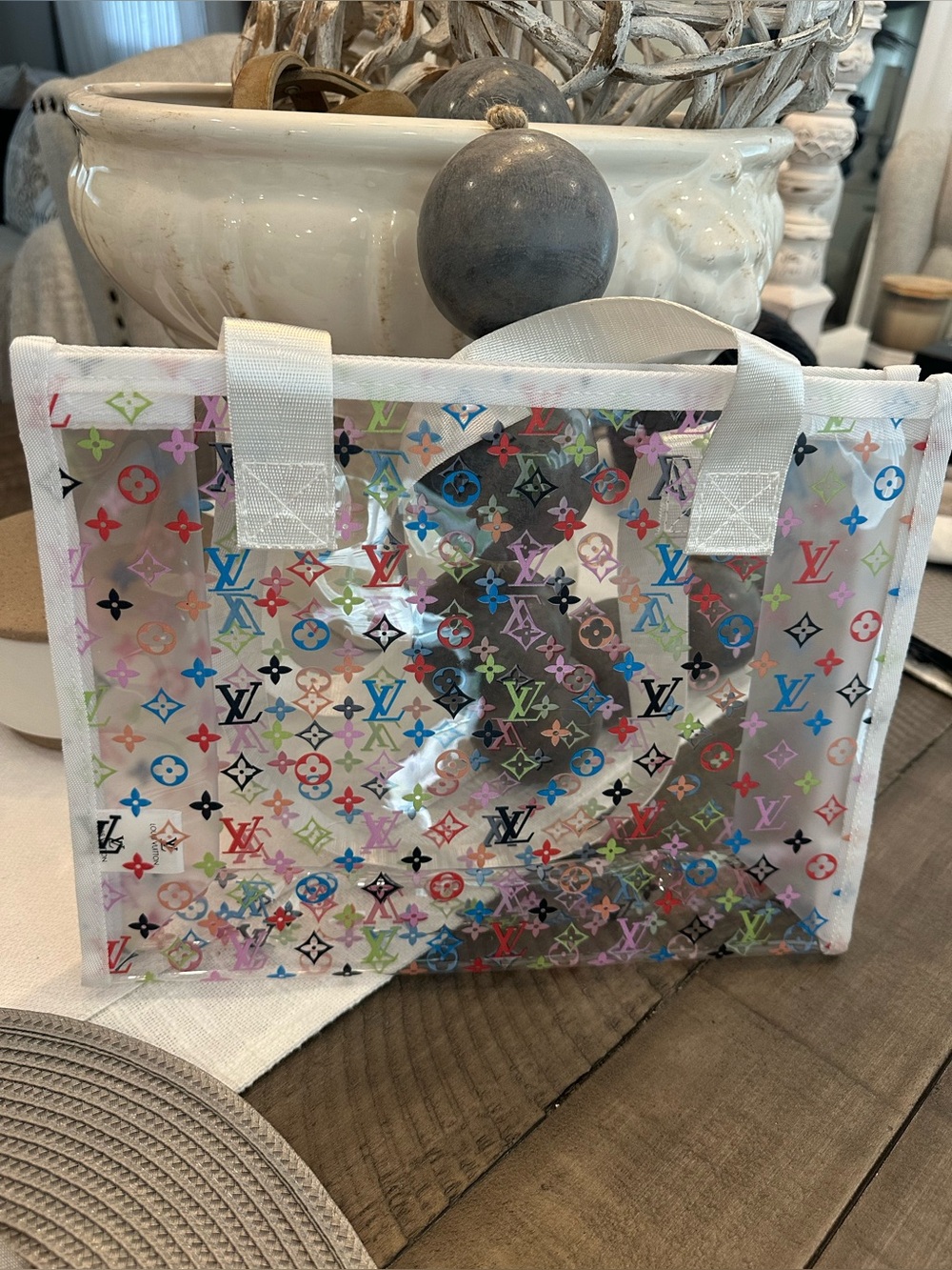 Vinyl plastic clear colorful white tote handbag purse ! NEW!